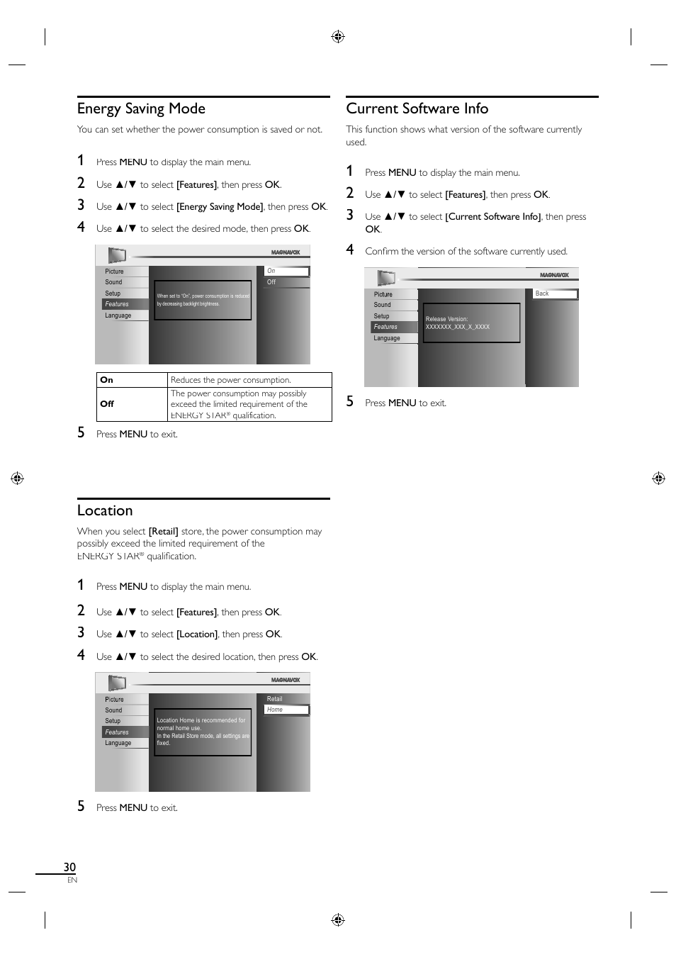 Energy saving mode, Location, Current software info | Philips Magnavox 26MF330B User Manual | Page 30 / 37