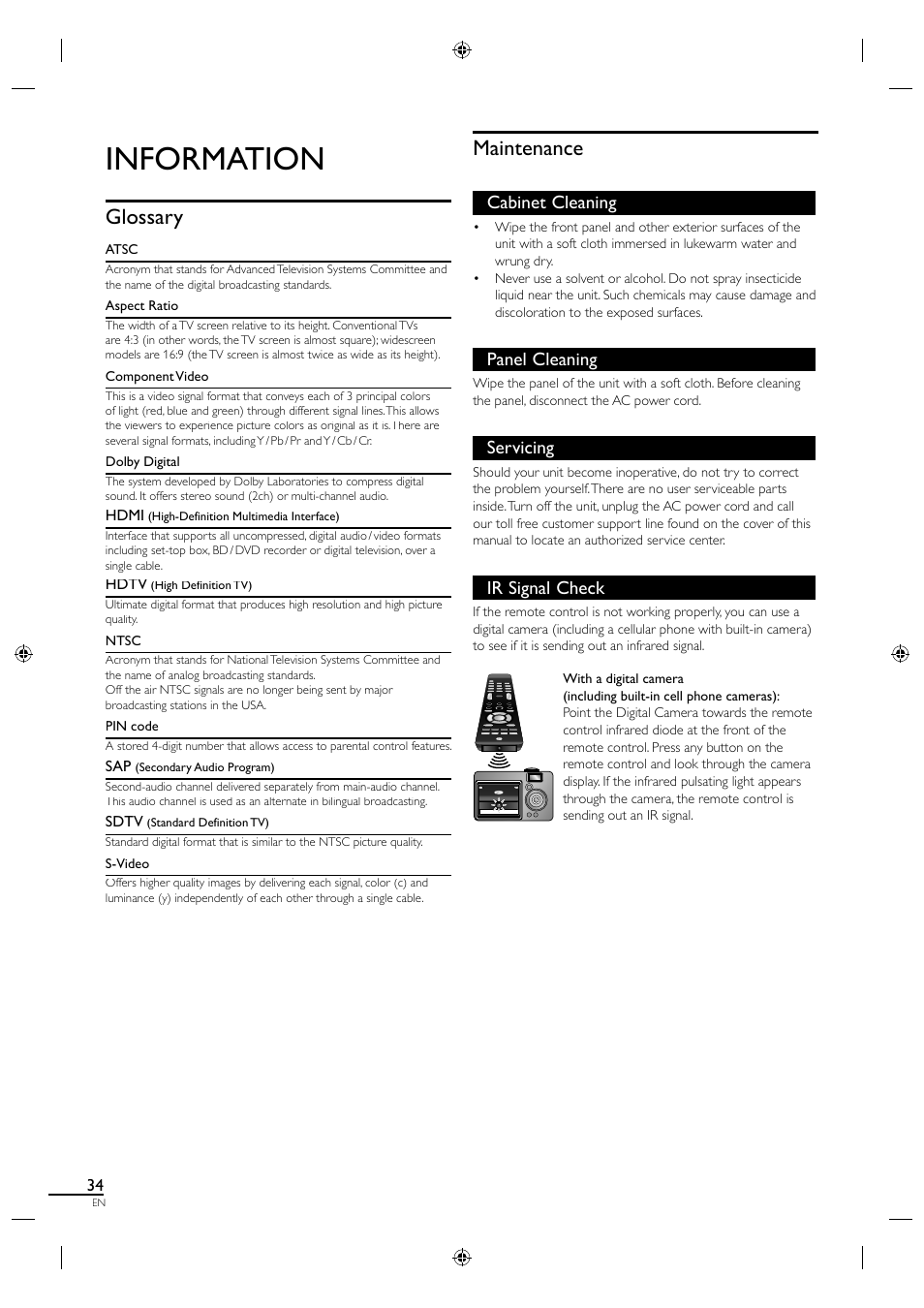 Information, Glossary, Maintenance | Cabinet cleaning, Panel cleaning, Servicing, Ir signal check | Philips Magnavox 26MF330B User Manual | Page 34 / 37