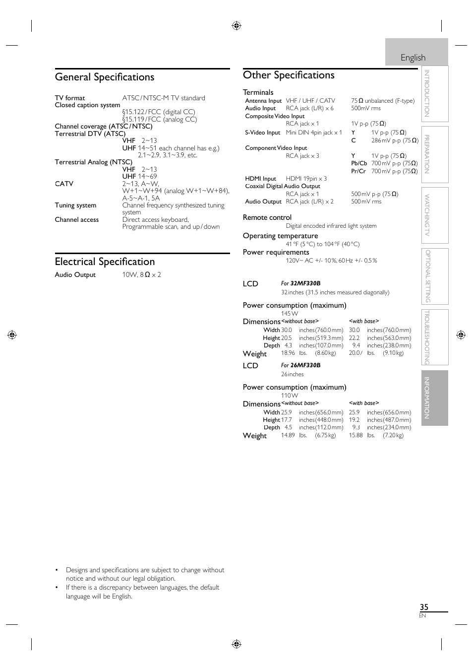 Other specifi cations, General specifi cations, Electrical specifi cation | English | Philips Magnavox 26MF330B User Manual | Page 35 / 37