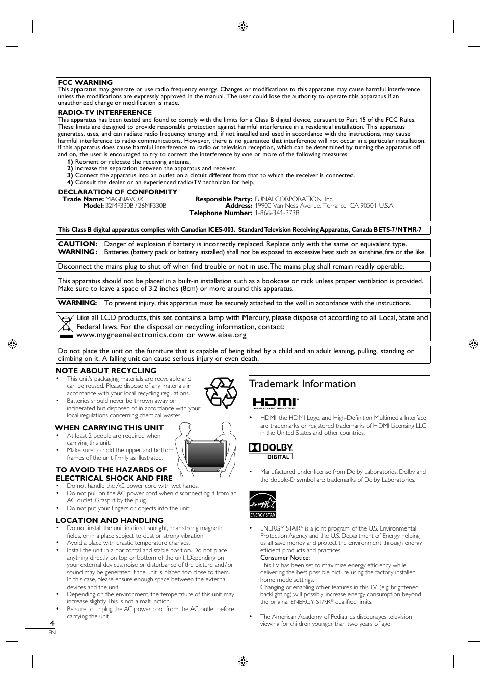 Trademark information | Philips Magnavox 26MF330B User Manual | Page 4 / 37