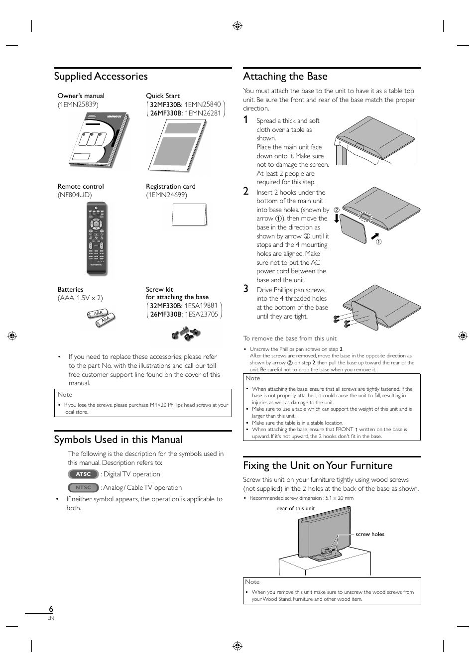 Attaching the base, Fixing the unit on your furniture, Supplied accessories | Symbols used in this manual | Philips Magnavox 26MF330B User Manual | Page 6 / 37