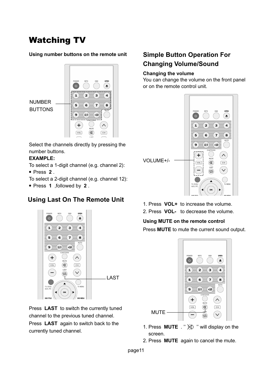 Watching tv, Using last on the remote unit, Simple button operation for changing volume/sound | Philips Magnavox 17MD255V User Manual | Page 12 / 42