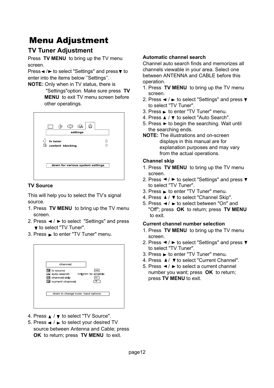 Menu adjustment, Tv tuner adjustment | Philips Magnavox 17MD255V User Manual | Page 13 / 42