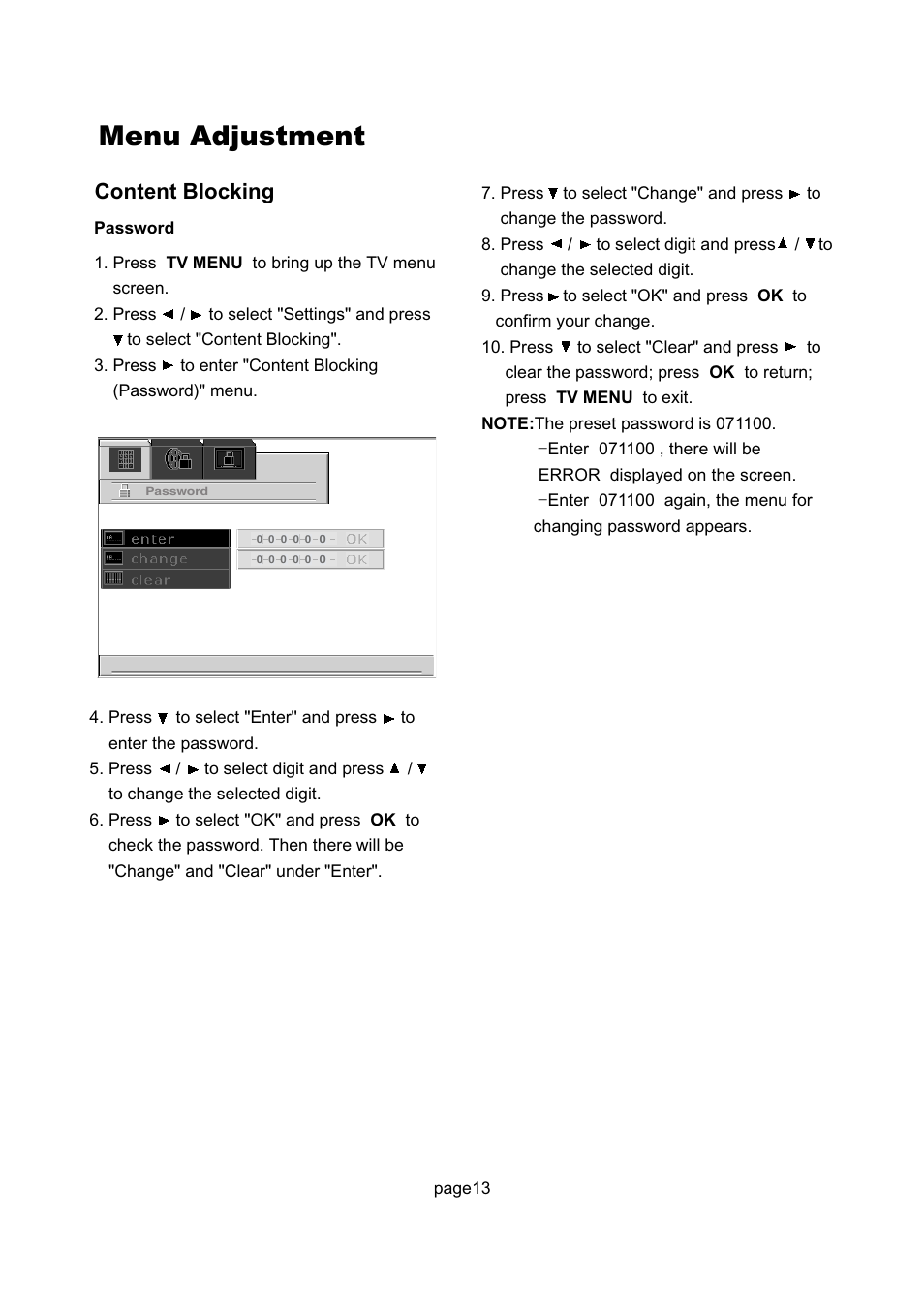 Menu adjustment, Content blocking | Philips Magnavox 17MD255V User Manual | Page 14 / 42