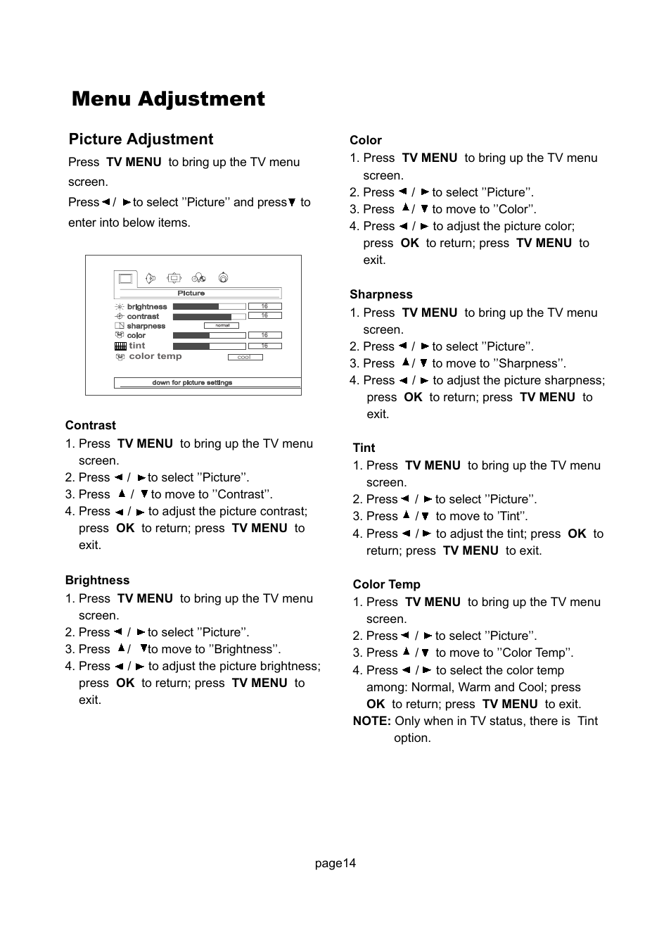 Menu adjustment, Picture adjustment | Philips Magnavox 17MD255V User Manual | Page 15 / 42