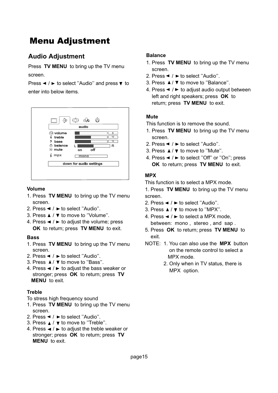 Menu adjustment, Audio adjustment | Philips Magnavox 17MD255V User Manual | Page 16 / 42