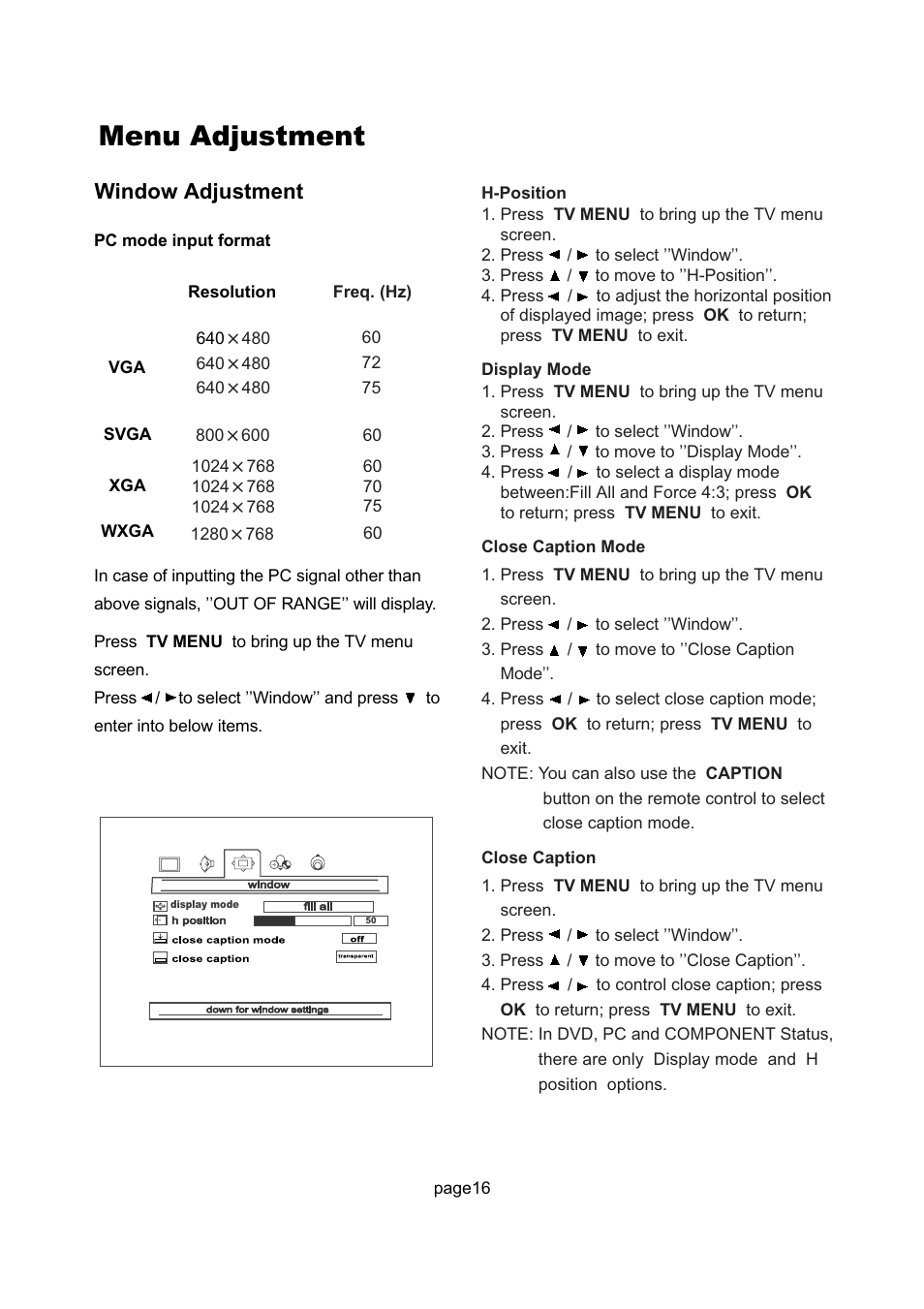 Menu adjustment, Window adjustment | Philips Magnavox 17MD255V User Manual | Page 17 / 42