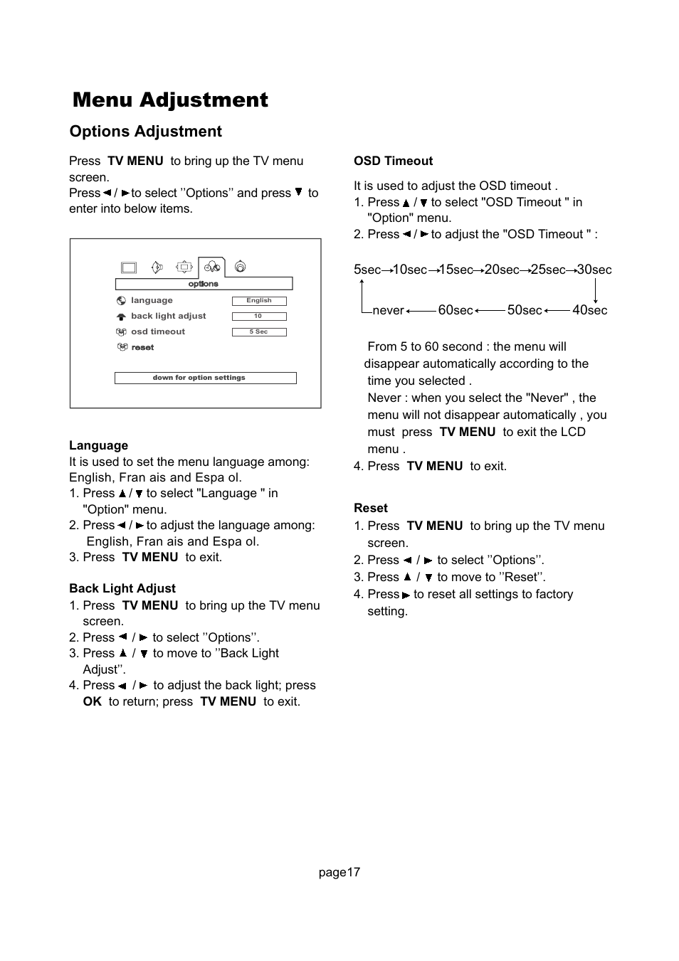 Menu adjustment, Options adjustment | Philips Magnavox 17MD255V User Manual | Page 18 / 42