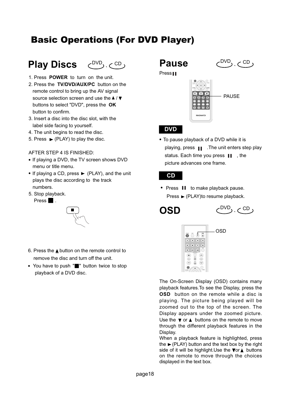 Play discs, Pause, Basic operations (for dvd player) | Philips Magnavox 17MD255V User Manual | Page 19 / 42