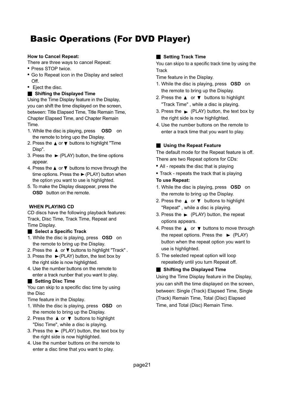 Basic operations (for dvd player) | Philips Magnavox 17MD255V User Manual | Page 22 / 42