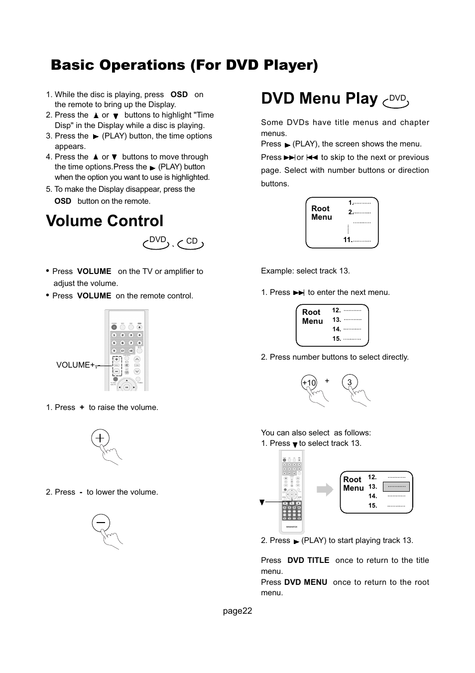 Volume control, Dvd menu play, Basic operations (for dvd player) | Philips Magnavox 17MD255V User Manual | Page 23 / 42