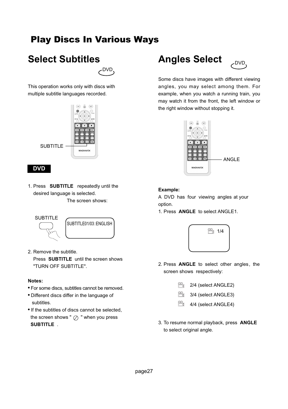 Select subtitles, Angles select, Play discs in various ways | Philips Magnavox 17MD255V User Manual | Page 28 / 42