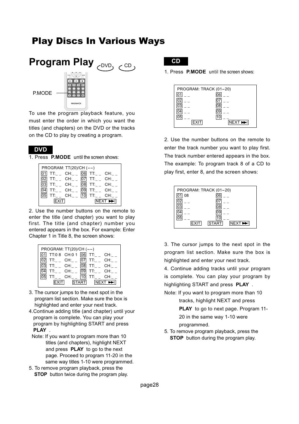 Program play, Play discs in various ways | Philips Magnavox 17MD255V User Manual | Page 29 / 42