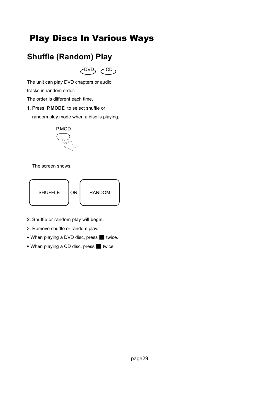 Play discs in various ways, Shuffle (random) play | Philips Magnavox 17MD255V User Manual | Page 30 / 42