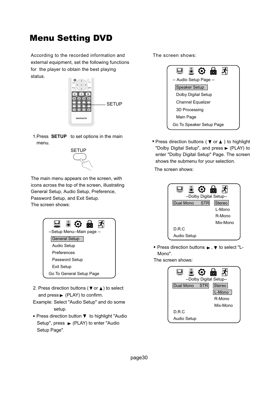 Menu setting dvd | Philips Magnavox 17MD255V User Manual | Page 31 / 42