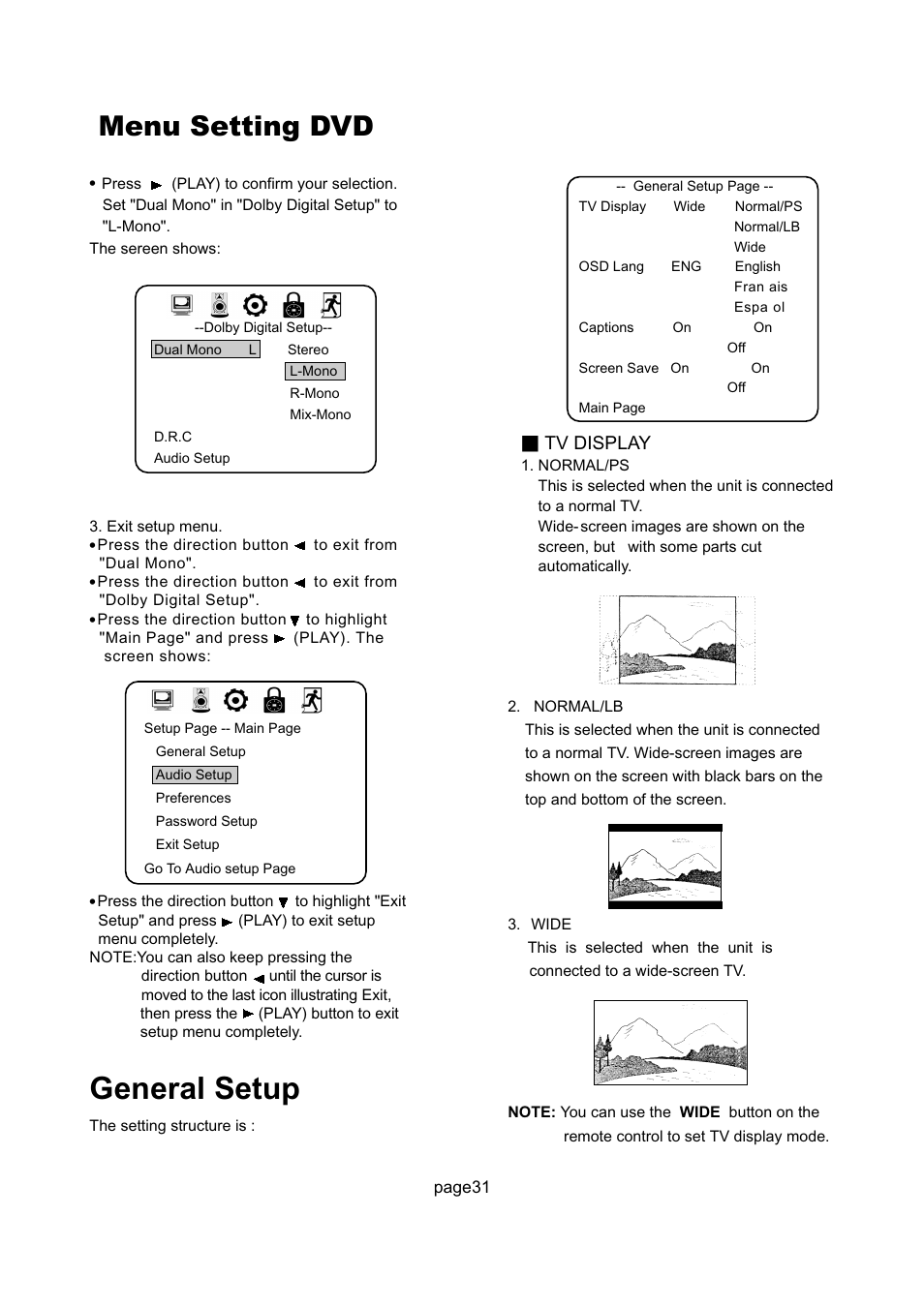 General setup, Menu setting dvd, Tv display | Philips Magnavox 17MD255V User Manual | Page 32 / 42