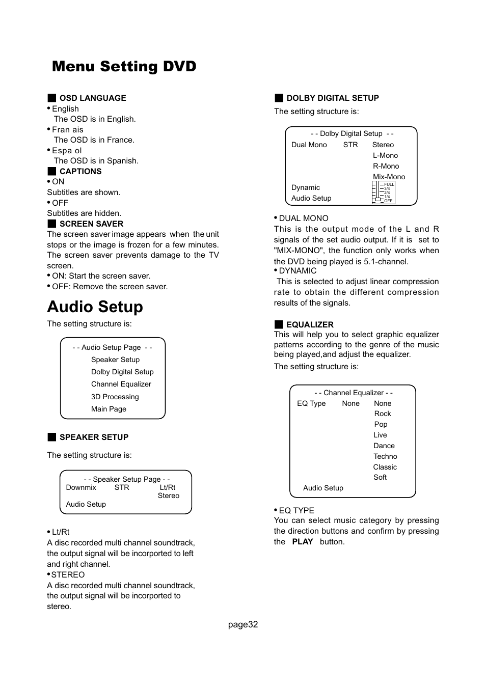 Audio setup, Menu setting dvd | Philips Magnavox 17MD255V User Manual | Page 33 / 42