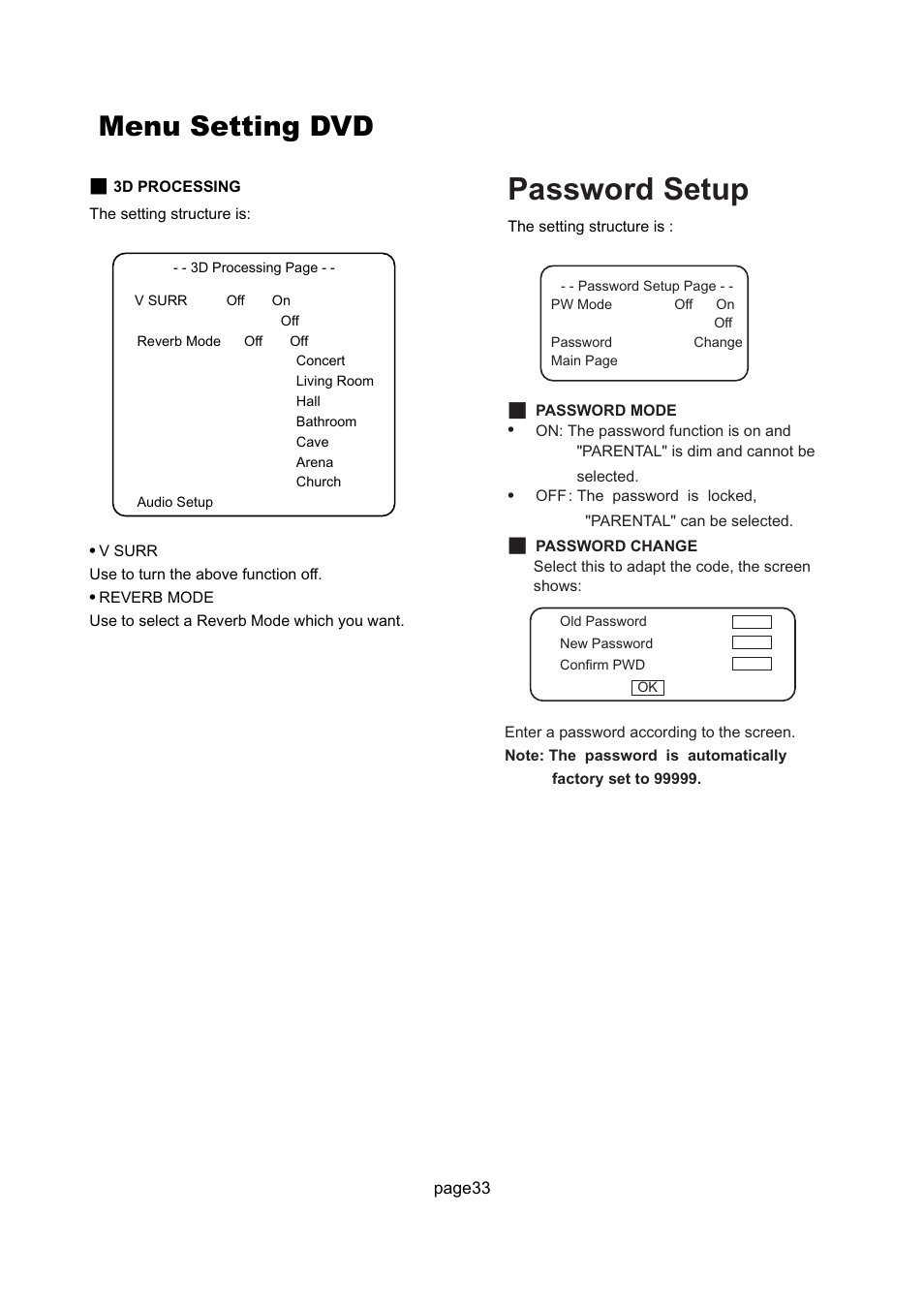 Password setup, Menu setting dvd | Philips Magnavox 17MD255V User Manual | Page 34 / 42