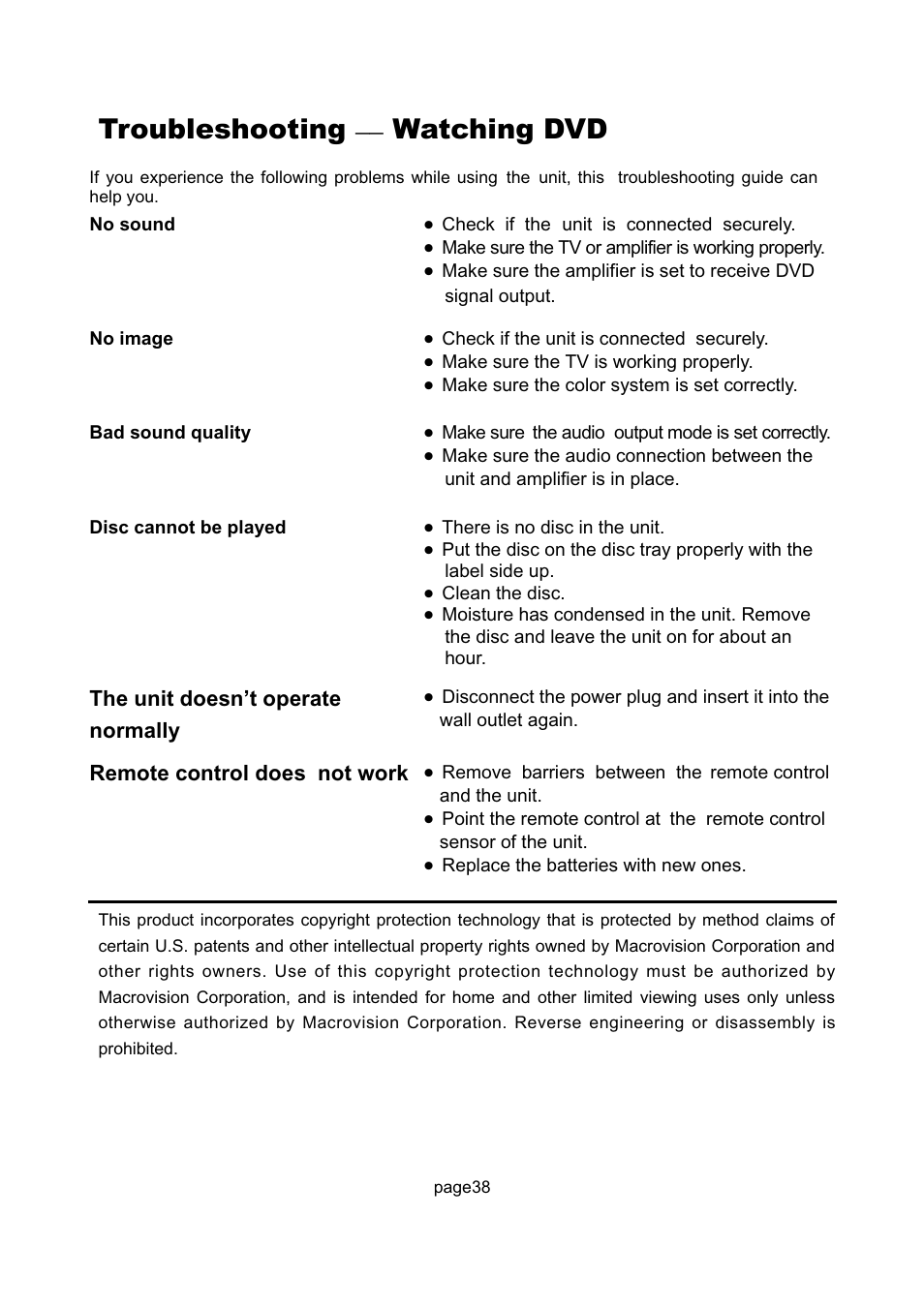 Troubleshooting __ watching dvd, Remote control does not work, The unit doesn’t operate normally | Philips Magnavox 17MD255V User Manual | Page 39 / 42