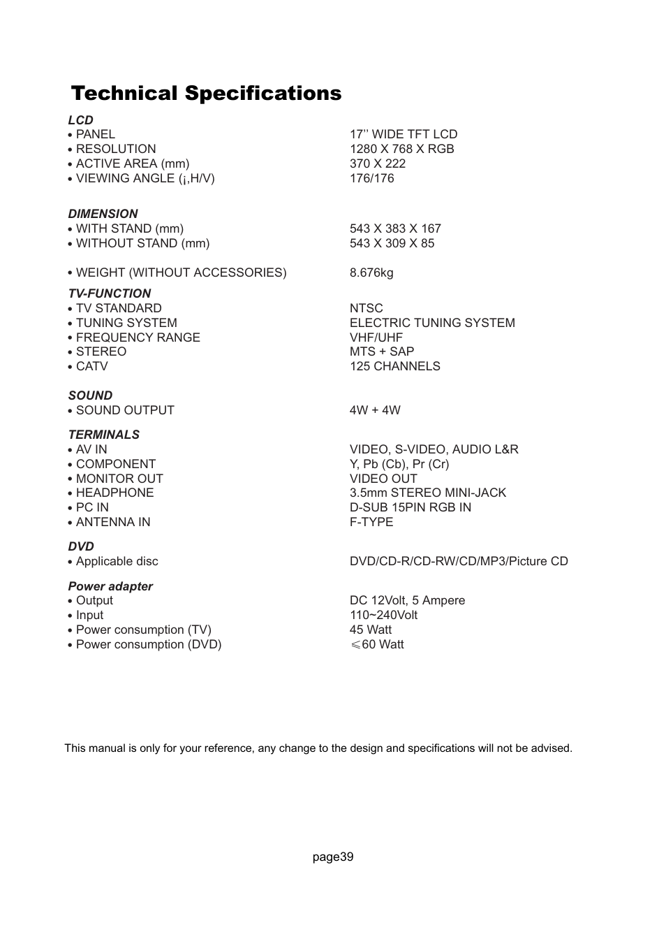 Technical specifications | Philips Magnavox 17MD255V User Manual | Page 40 / 42