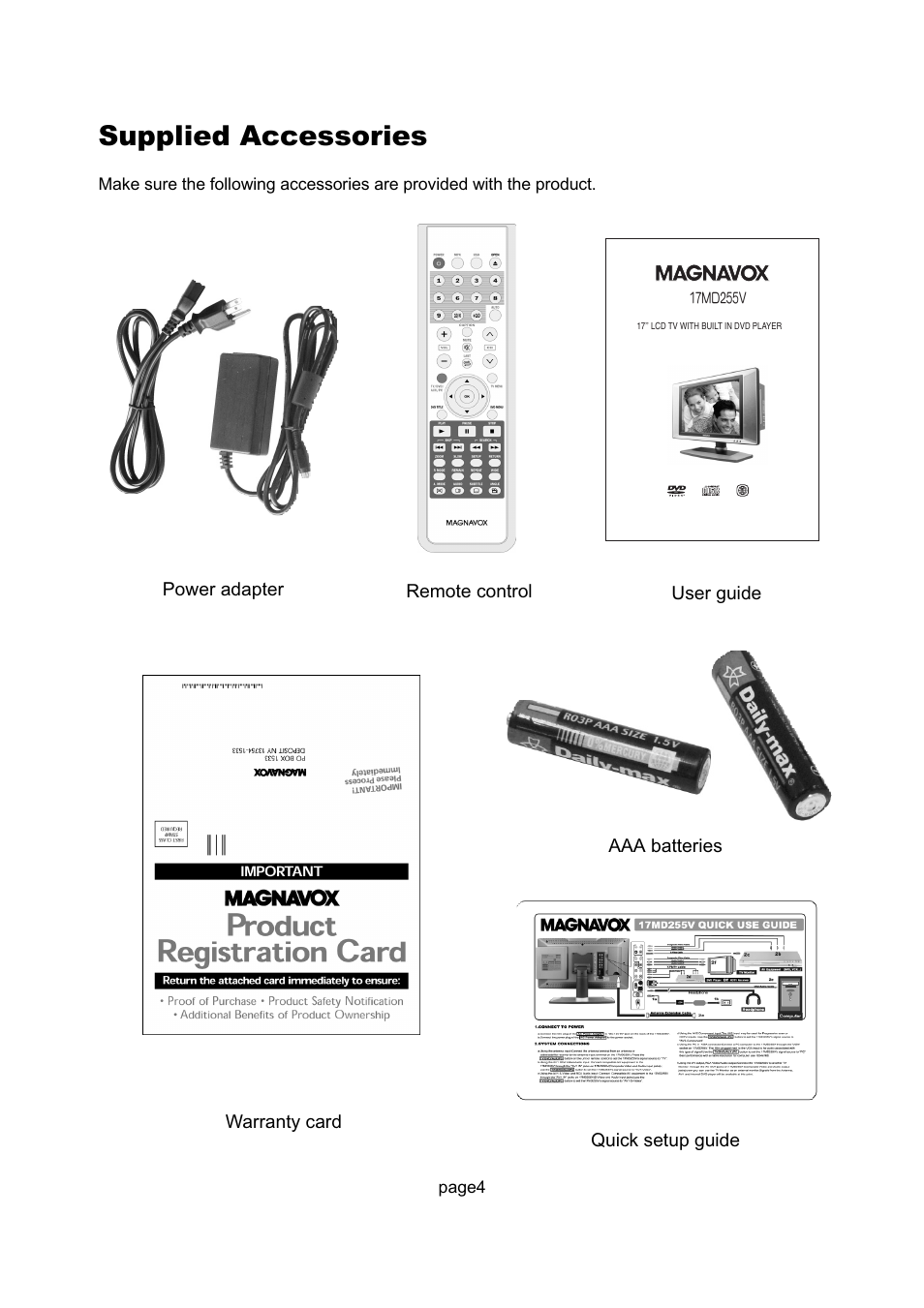 Supplied accessories | Philips Magnavox 17MD255V User Manual | Page 5 / 42