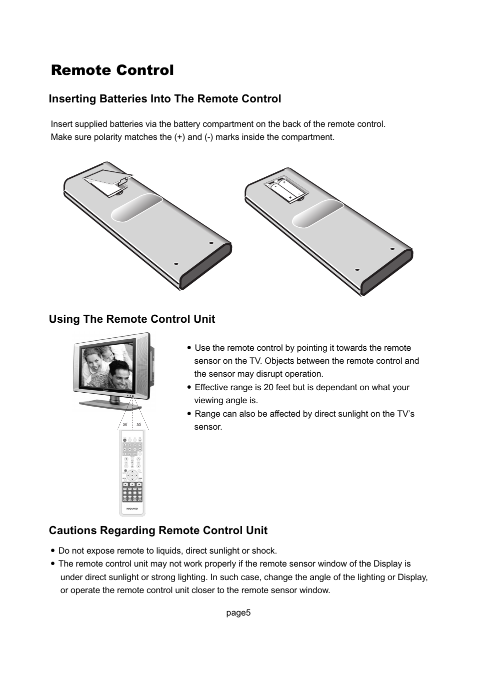 Remote control, Inserting batteries into the remote control, Cautions regarding remote control unit | Using the remote control unit | Philips Magnavox 17MD255V User Manual | Page 6 / 42