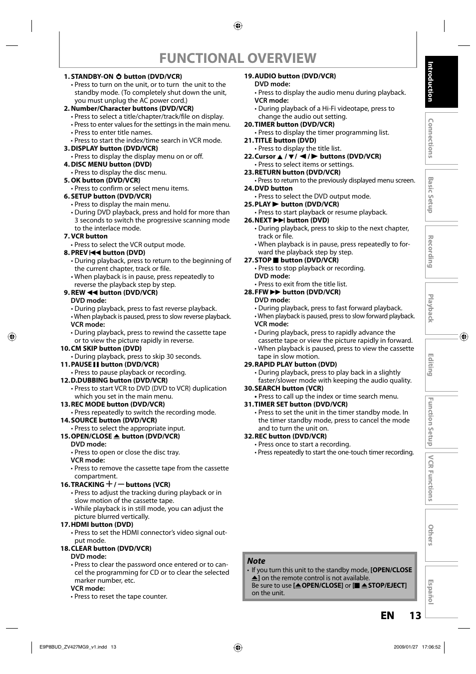 Functional overview, 13 en 13 en | Philips Magnavox ZV427MG9 A User Manual | Page 15 / 100