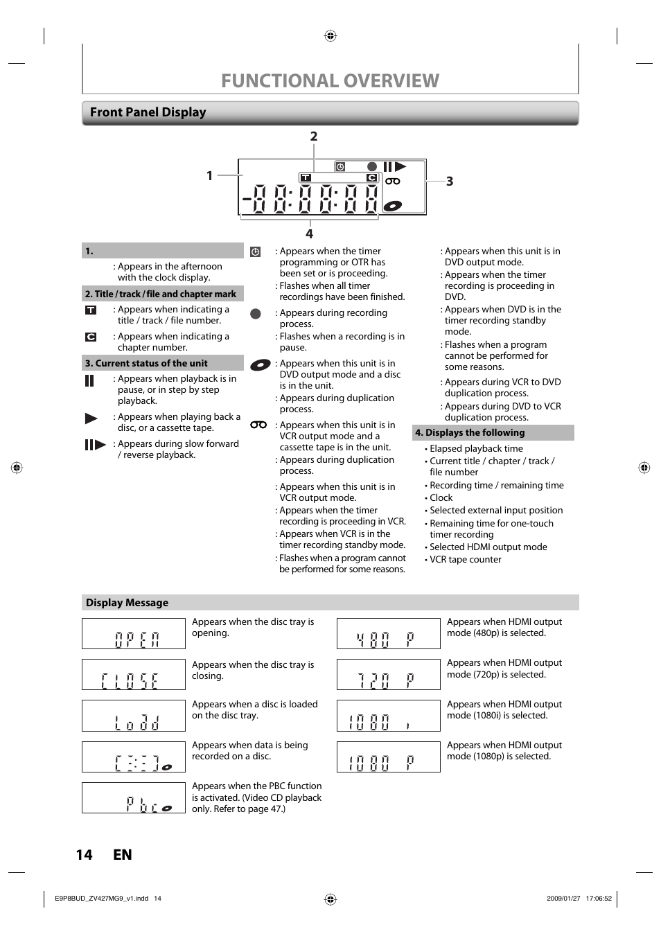 Functional overview, 14 en 14 en, Front panel display | Philips Magnavox ZV427MG9 A User Manual | Page 16 / 100