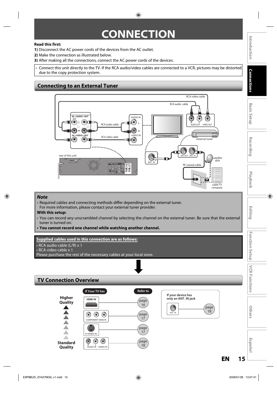 Connection, 15 en 15 en, Connecting to an external tuner | Tv connection overview | Philips Magnavox ZV427MG9 A User Manual | Page 17 / 100