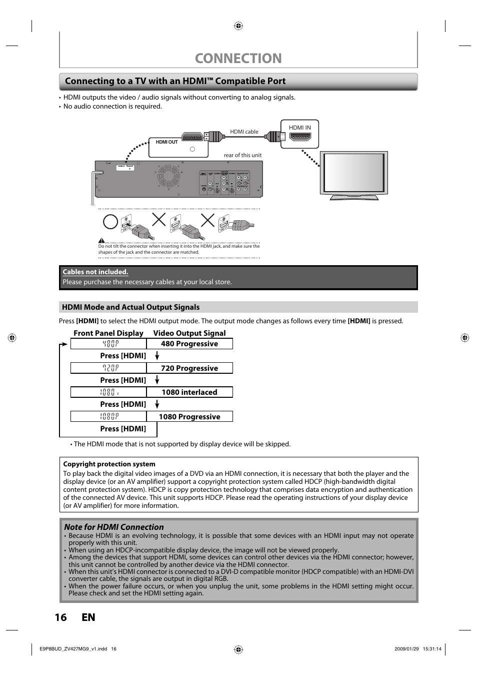 Connection, 16 en 16 en, Connecting to a tv with an hdmi™ compatible port | Philips Magnavox ZV427MG9 A User Manual | Page 18 / 100