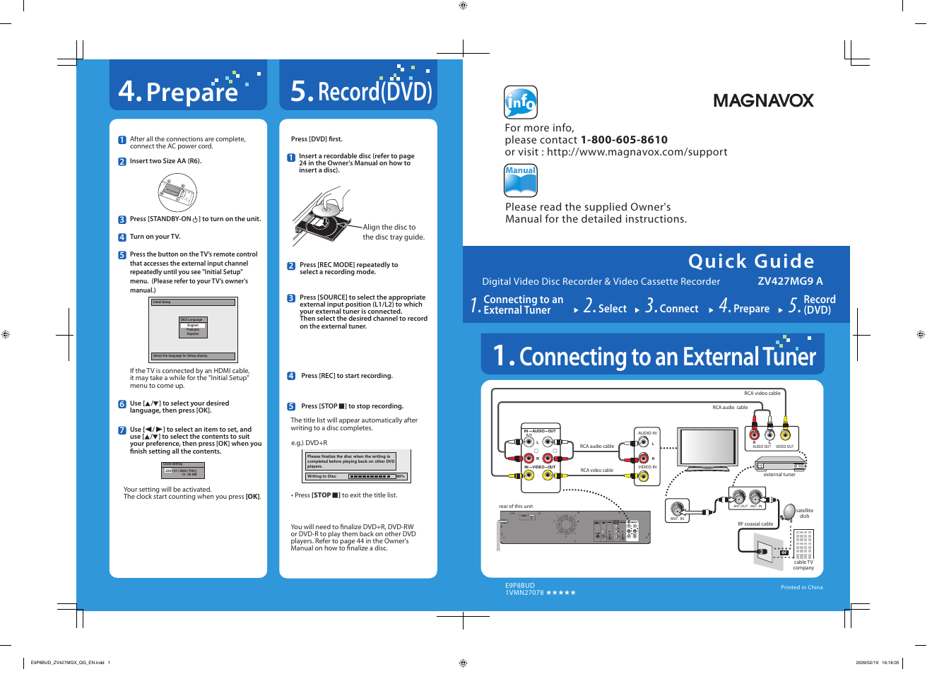 Record(dvd), Quick guide, Select | Connecting to an external tuner, Connect, Prepare, Record (dvd), Zv427mg9 a, For more info, please contact | Philips Magnavox ZV427MG9 A User Manual | Page 2 / 100