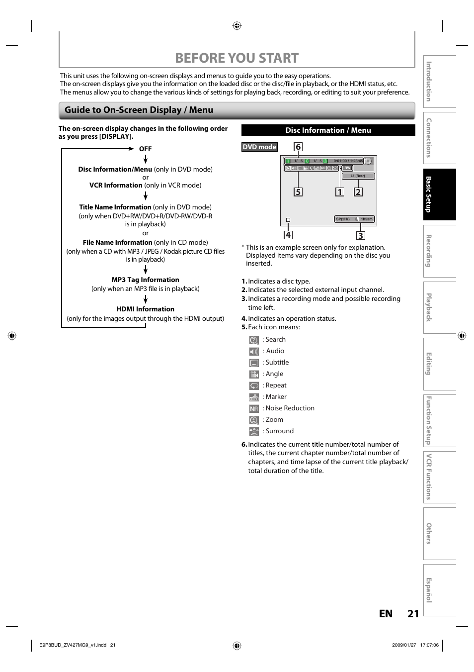 Before you start, 21 en 21 en, Guide to on-screen display / menu | Philips Magnavox ZV427MG9 A User Manual | Page 23 / 100