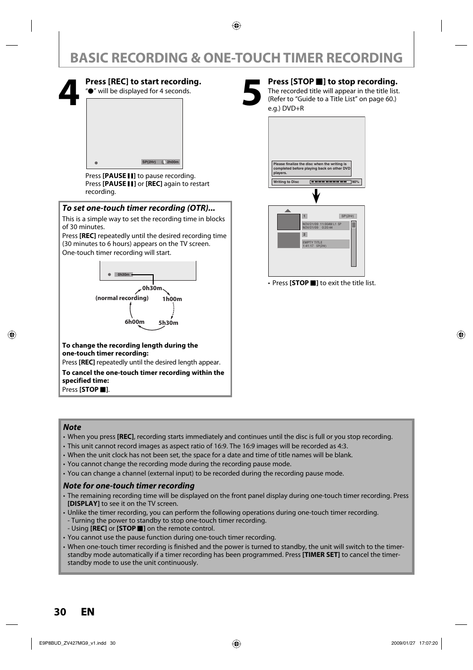 Basic recording & one-touch timer recording, 30 en 30 en | Philips Magnavox ZV427MG9 A User Manual | Page 32 / 100