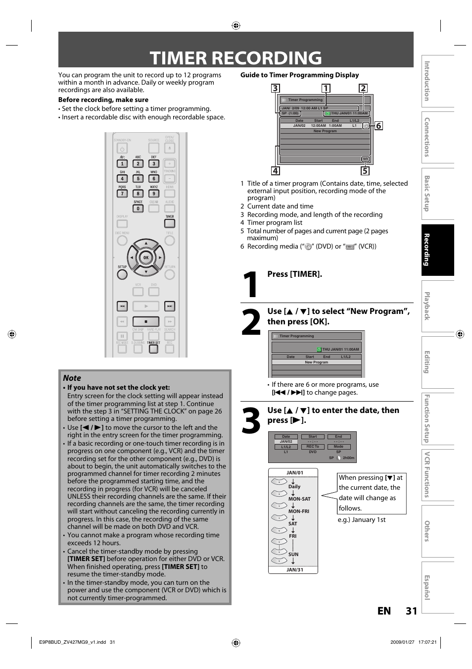 Timer recording, 31 en 31 en | Philips Magnavox ZV427MG9 A User Manual | Page 33 / 100