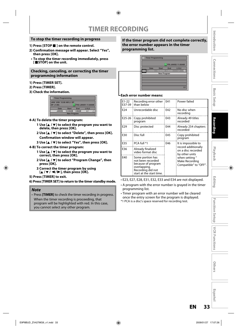 Timer recording, 33 en 33 en | Philips Magnavox ZV427MG9 A User Manual | Page 35 / 100