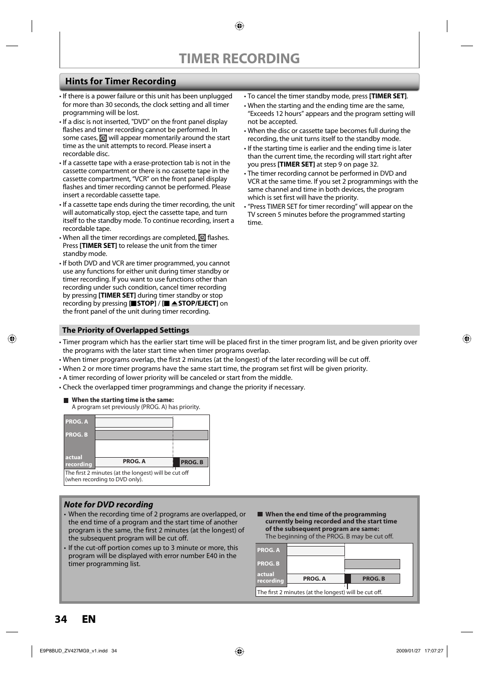 Timer recording, 34 en 34 en, Hints for timer recording | Philips Magnavox ZV427MG9 A User Manual | Page 36 / 100