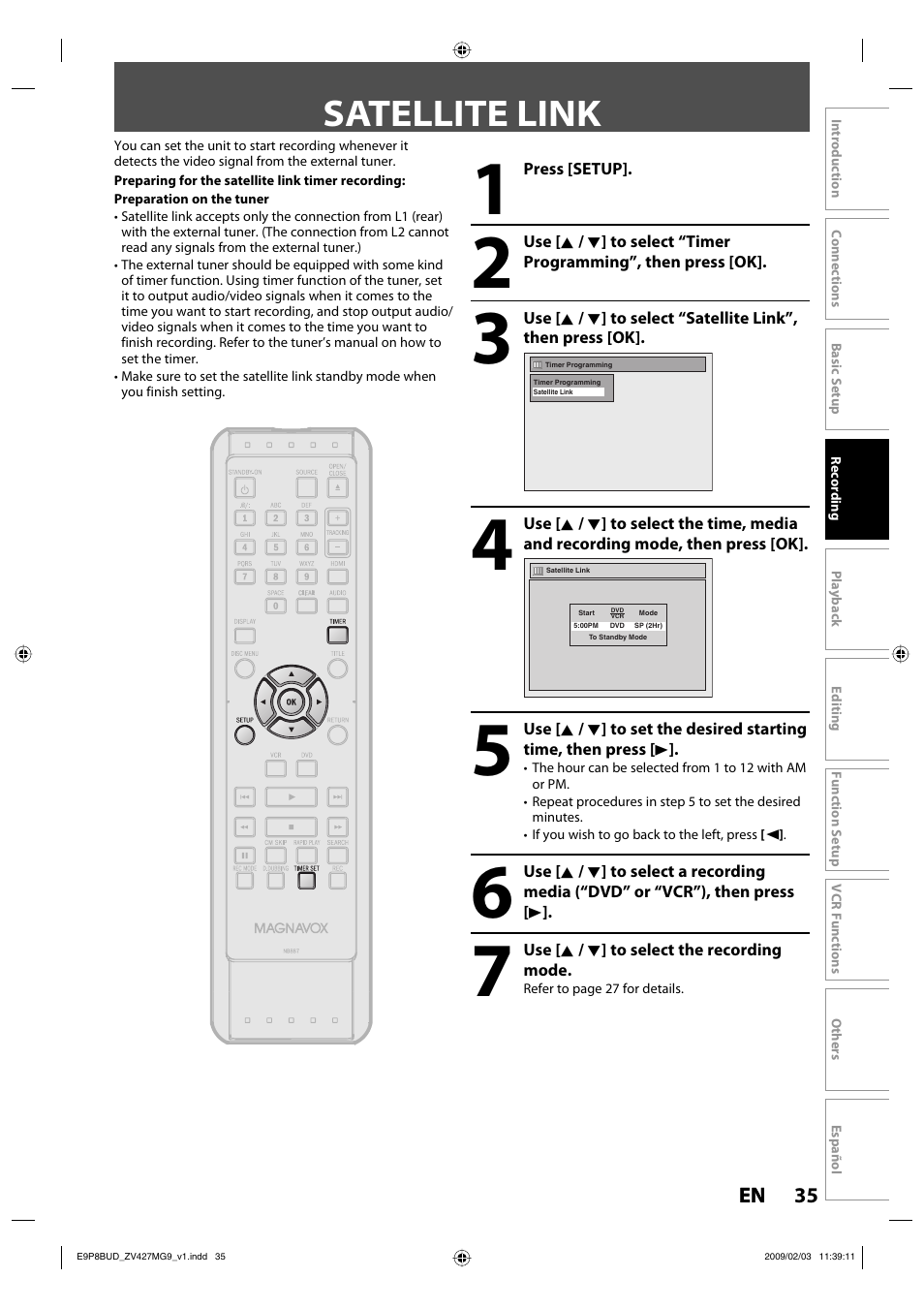 Satellite link | Philips Magnavox ZV427MG9 A User Manual | Page 37 / 100