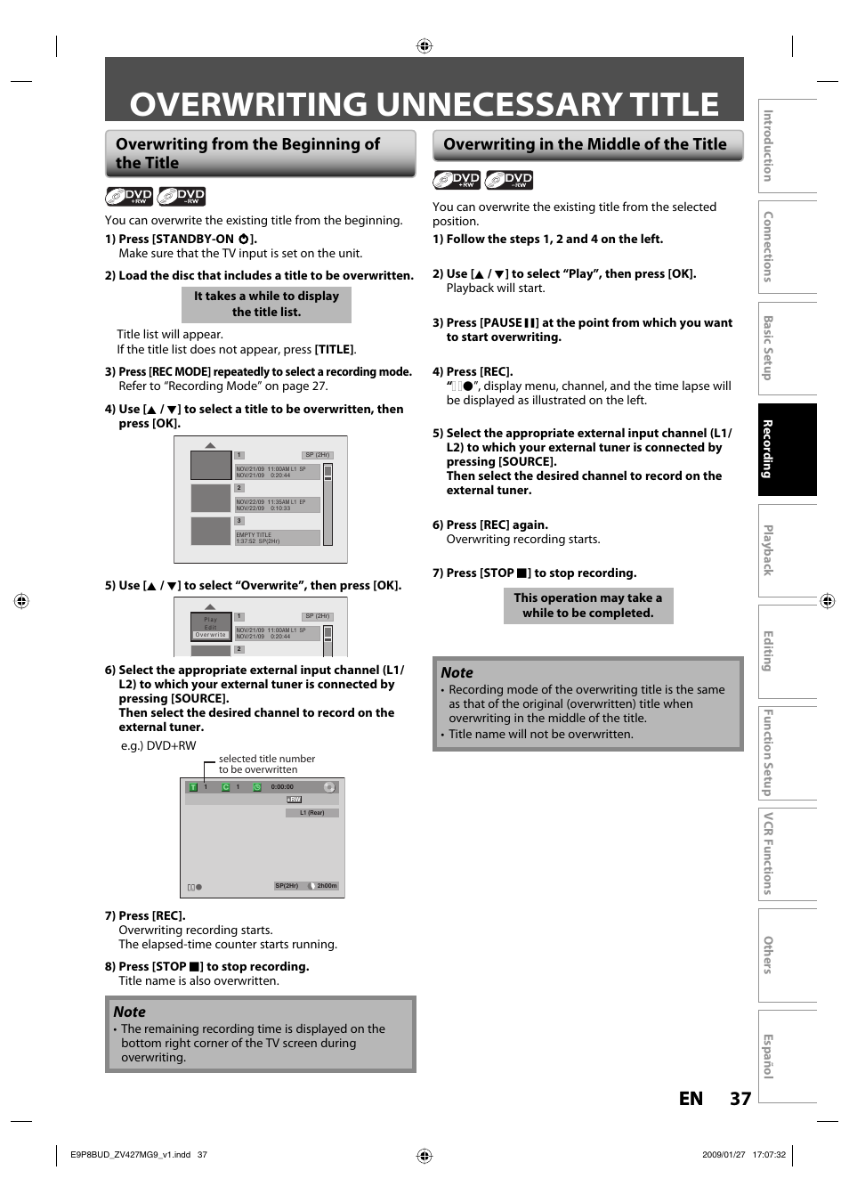 Overwriting unnecessary title, 37 en 37 en, Overwriting from the beginning of the title | Overwriting in the middle of the title | Philips Magnavox ZV427MG9 A User Manual | Page 39 / 100
