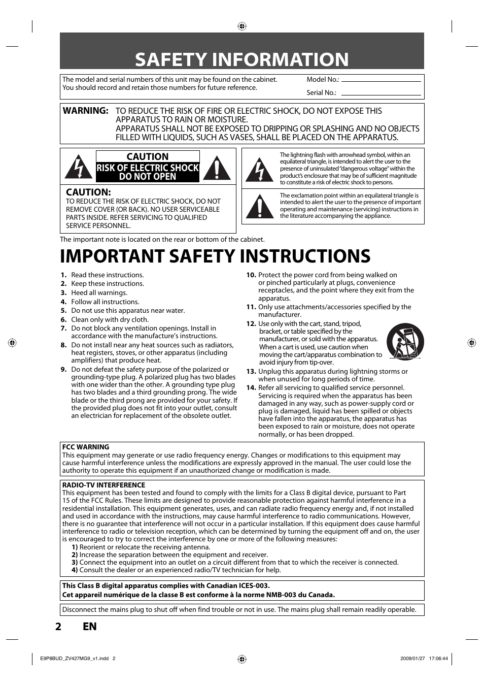 Safety information, Important safety instructions, 2en 2 en | Caution, Caution risk of electric shock do not open | Philips Magnavox ZV427MG9 A User Manual | Page 4 / 100