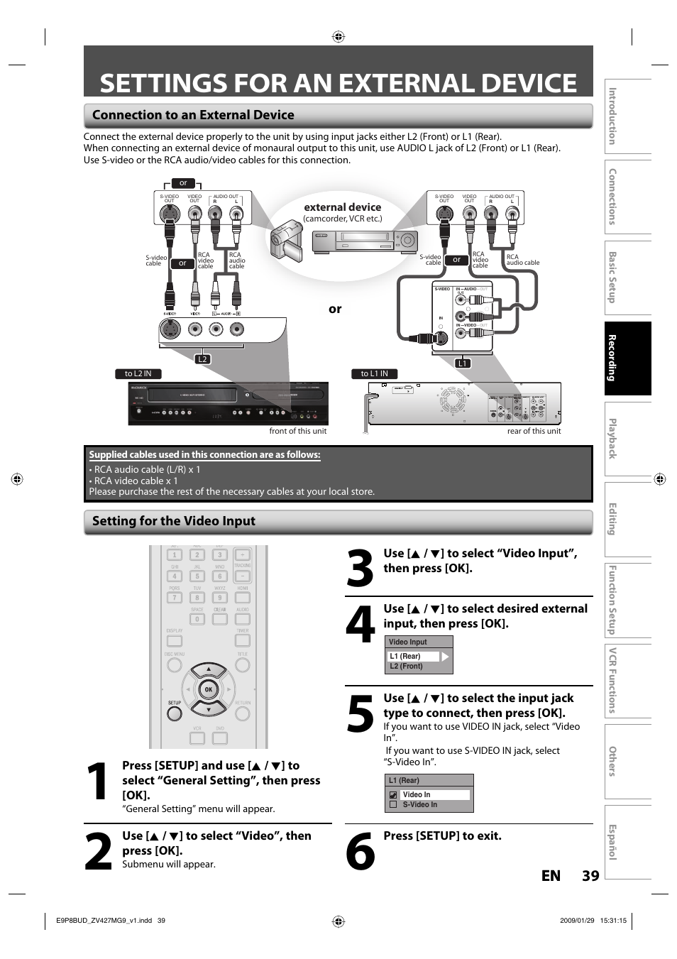 Settings for an external device, 39 en 39 en | Philips Magnavox ZV427MG9 A User Manual | Page 41 / 100