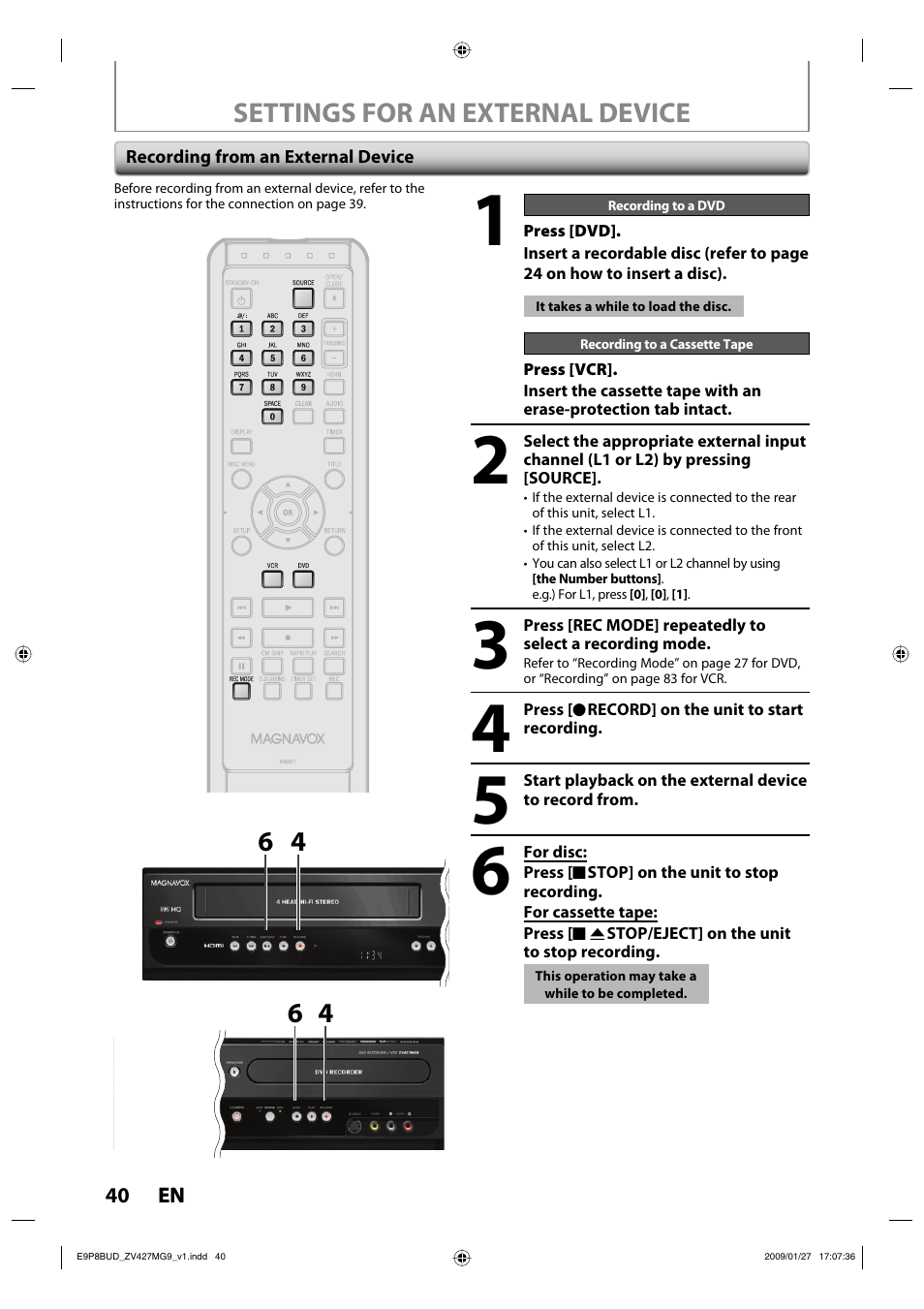 Settings for an external device | Philips Magnavox ZV427MG9 A User Manual | Page 42 / 100