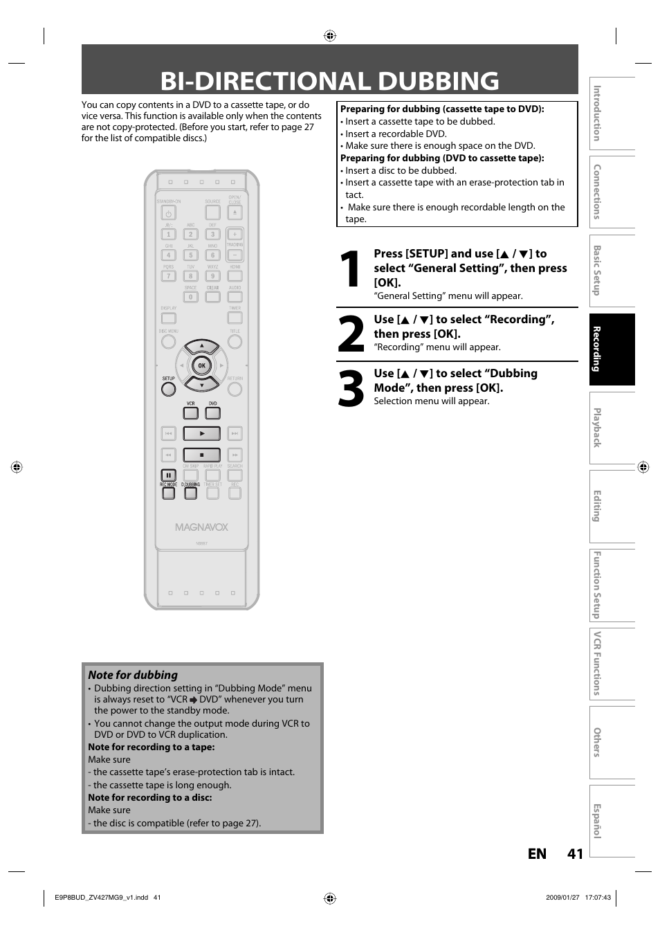 Bi-directional dubbing | Philips Magnavox ZV427MG9 A User Manual | Page 43 / 100