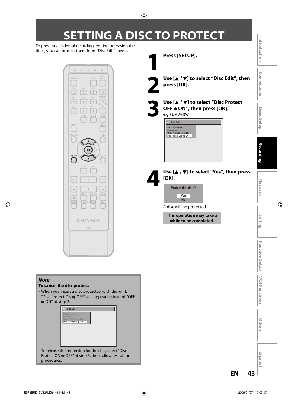 Setting a disc to protect | Philips Magnavox ZV427MG9 A User Manual | Page 45 / 100