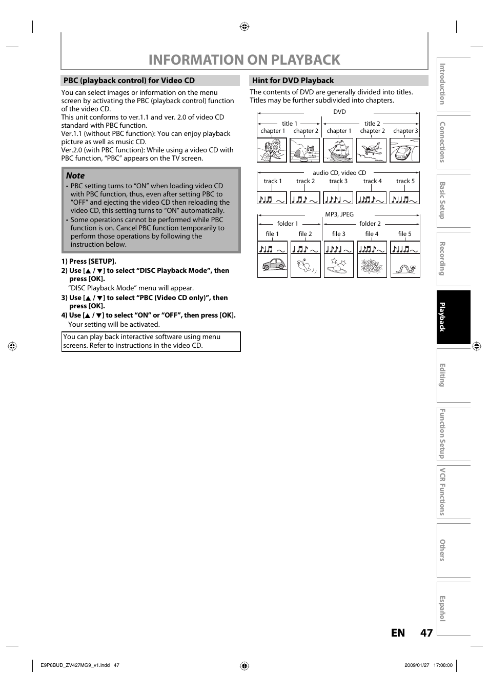 Information on playback, 47 en 47 en | Philips Magnavox ZV427MG9 A User Manual | Page 49 / 100