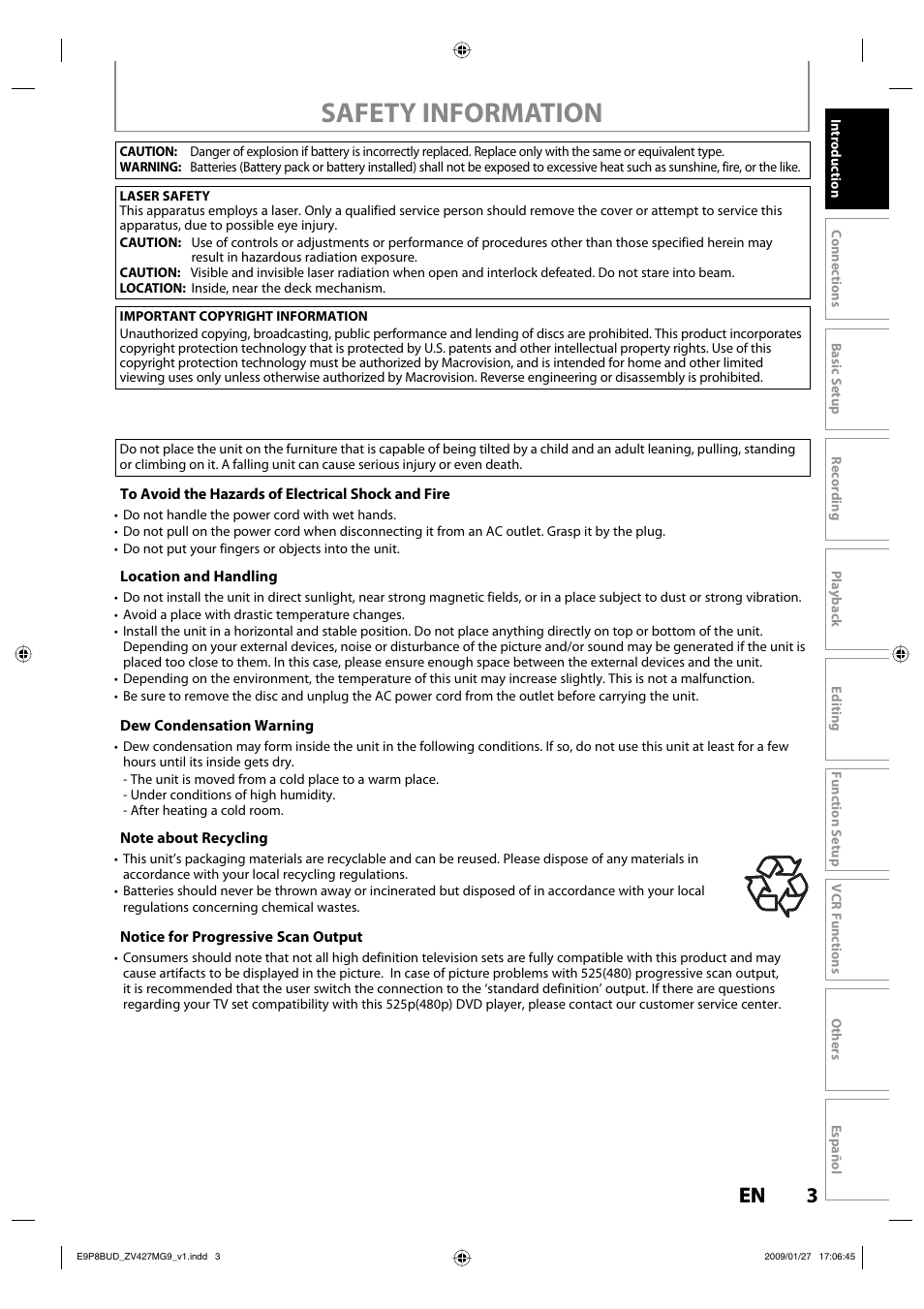 Safety information, 3en 3 en | Philips Magnavox ZV427MG9 A User Manual | Page 5 / 100