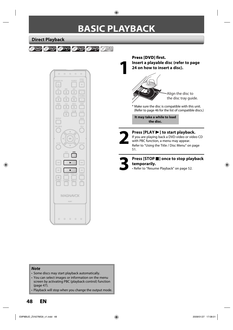 Basic playback | Philips Magnavox ZV427MG9 A User Manual | Page 50 / 100