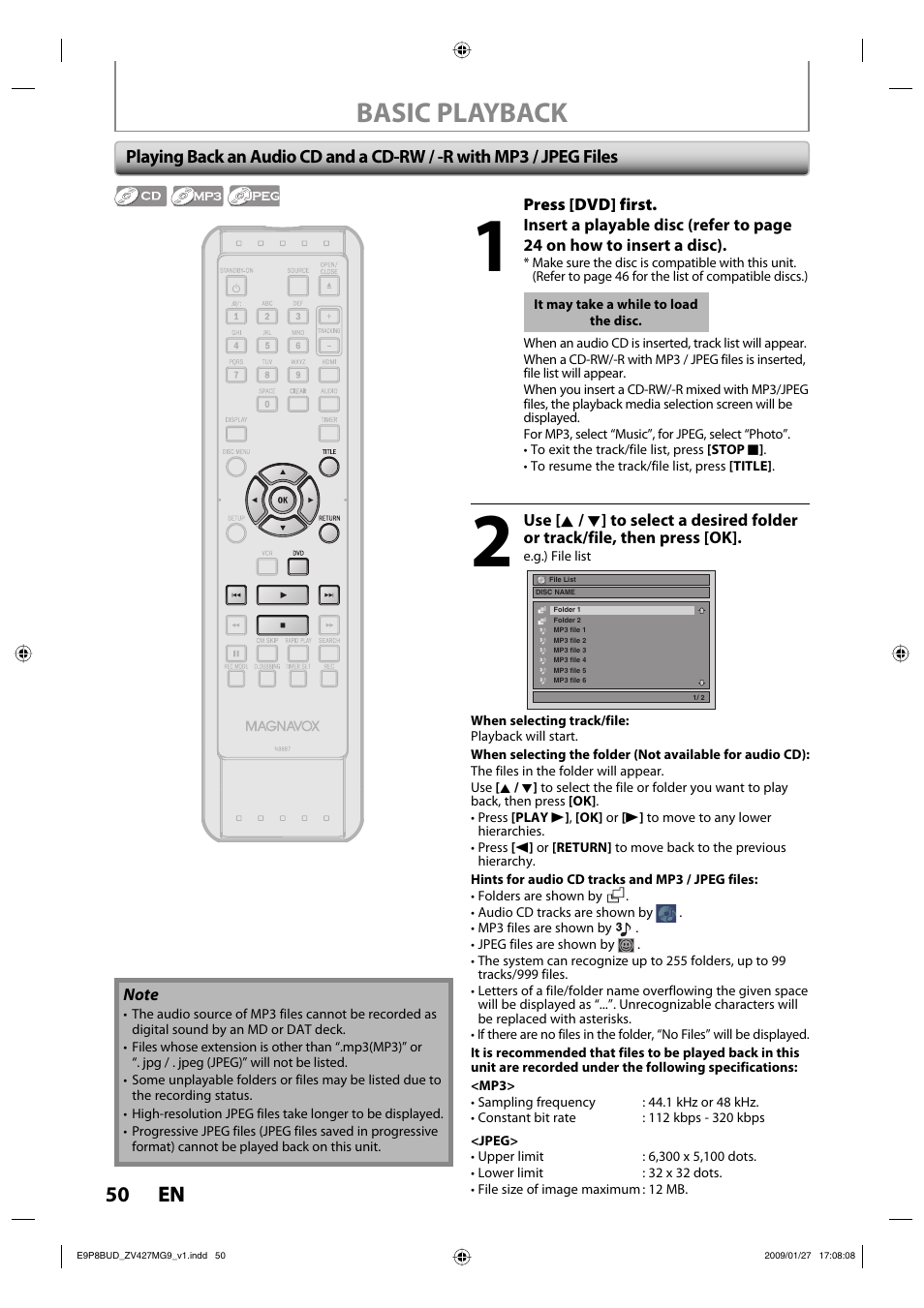 Basic playback, 50 en 50 en | Philips Magnavox ZV427MG9 A User Manual | Page 52 / 100