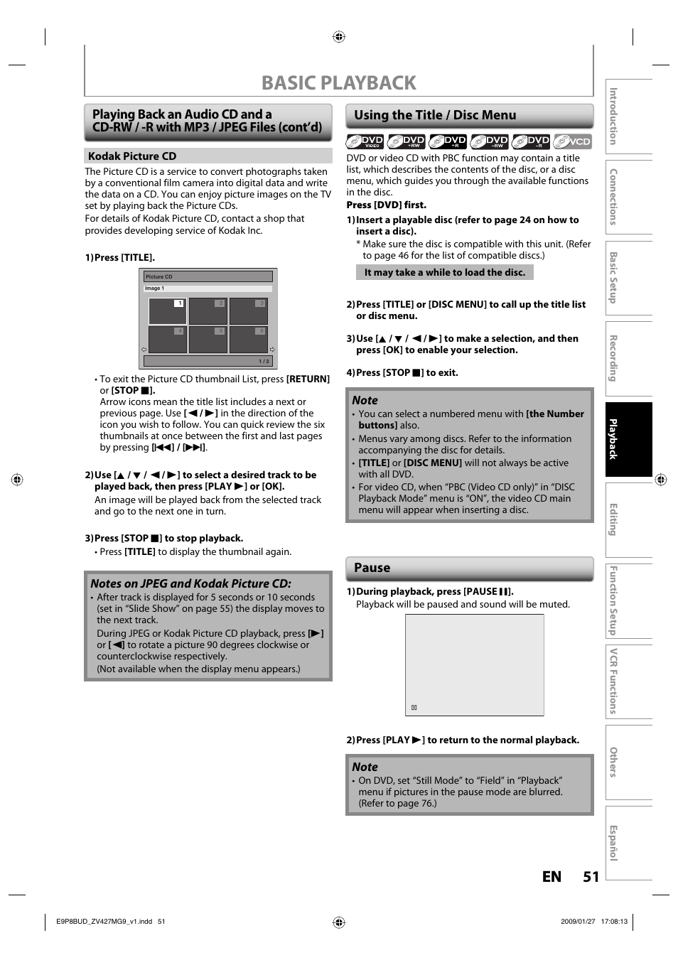 Basic playback, 51 en 51 en, Using the title / disc menu | Pause | Philips Magnavox ZV427MG9 A User Manual | Page 53 / 100