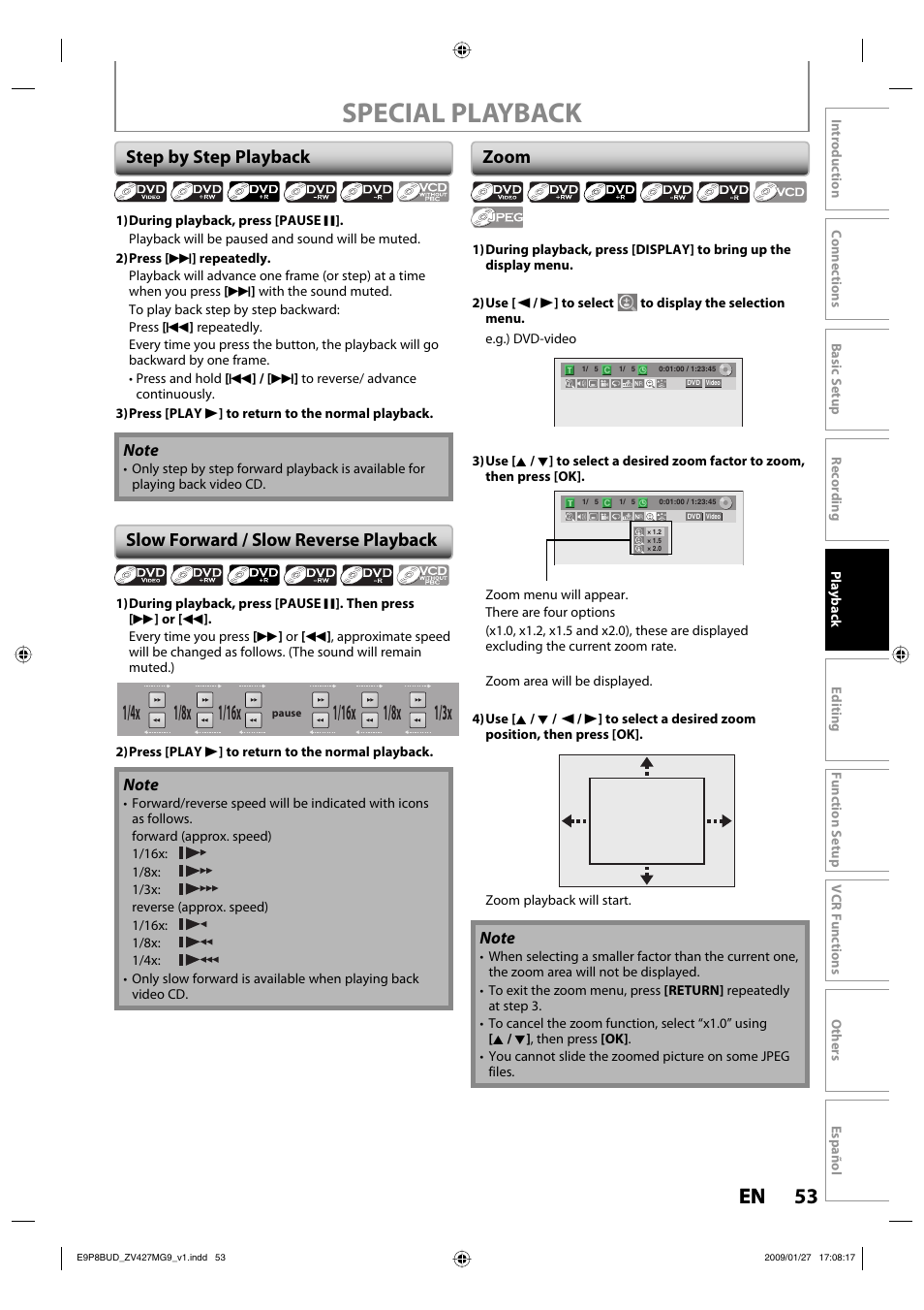 Special playback, 53 en 53 en, 1/8x | Step by step playback, Slow forward / slow reverse playback, Zoom | Philips Magnavox ZV427MG9 A User Manual | Page 55 / 100