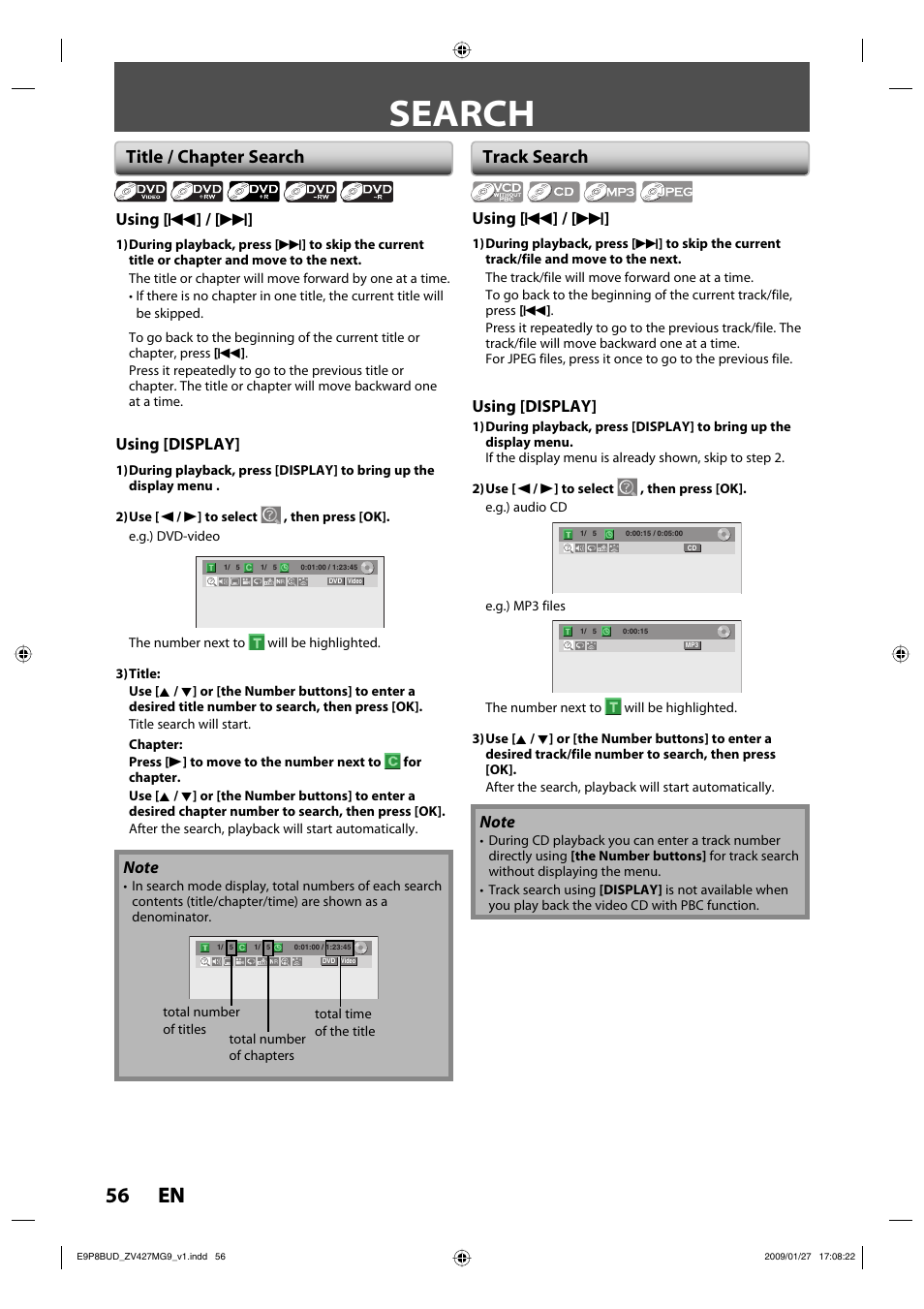 Search, 56 en 56 en, Title / chapter search | Track search | Philips Magnavox ZV427MG9 A User Manual | Page 58 / 100